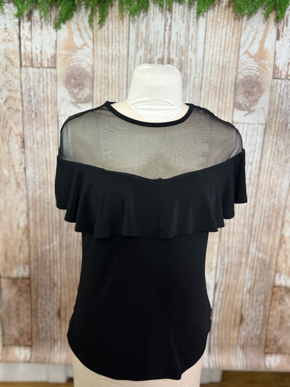 Sweet Rain Black Mesh Yoke Ruffle Top